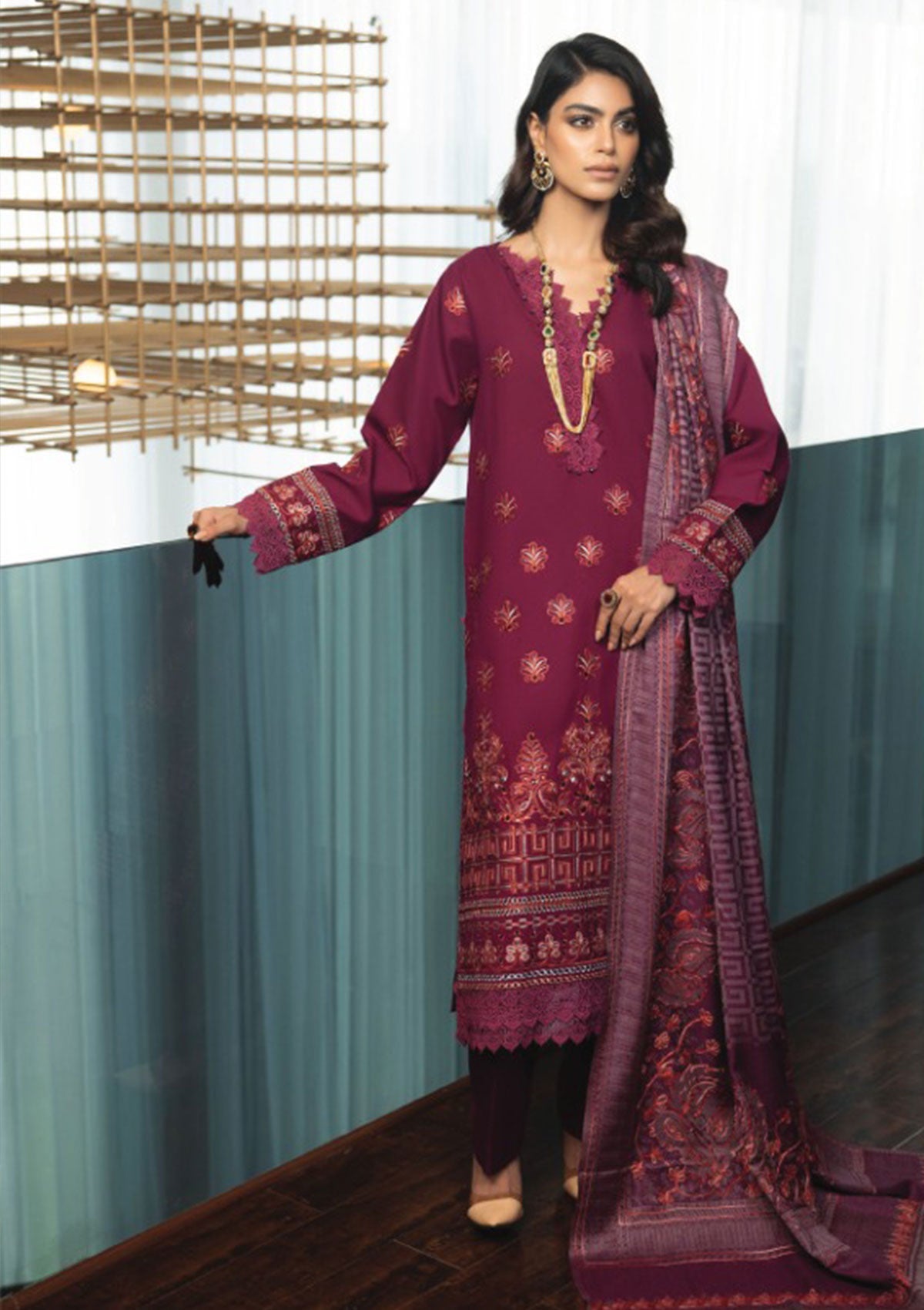 Zimal Hand Embroidered Jacquard Shawl HZ 05