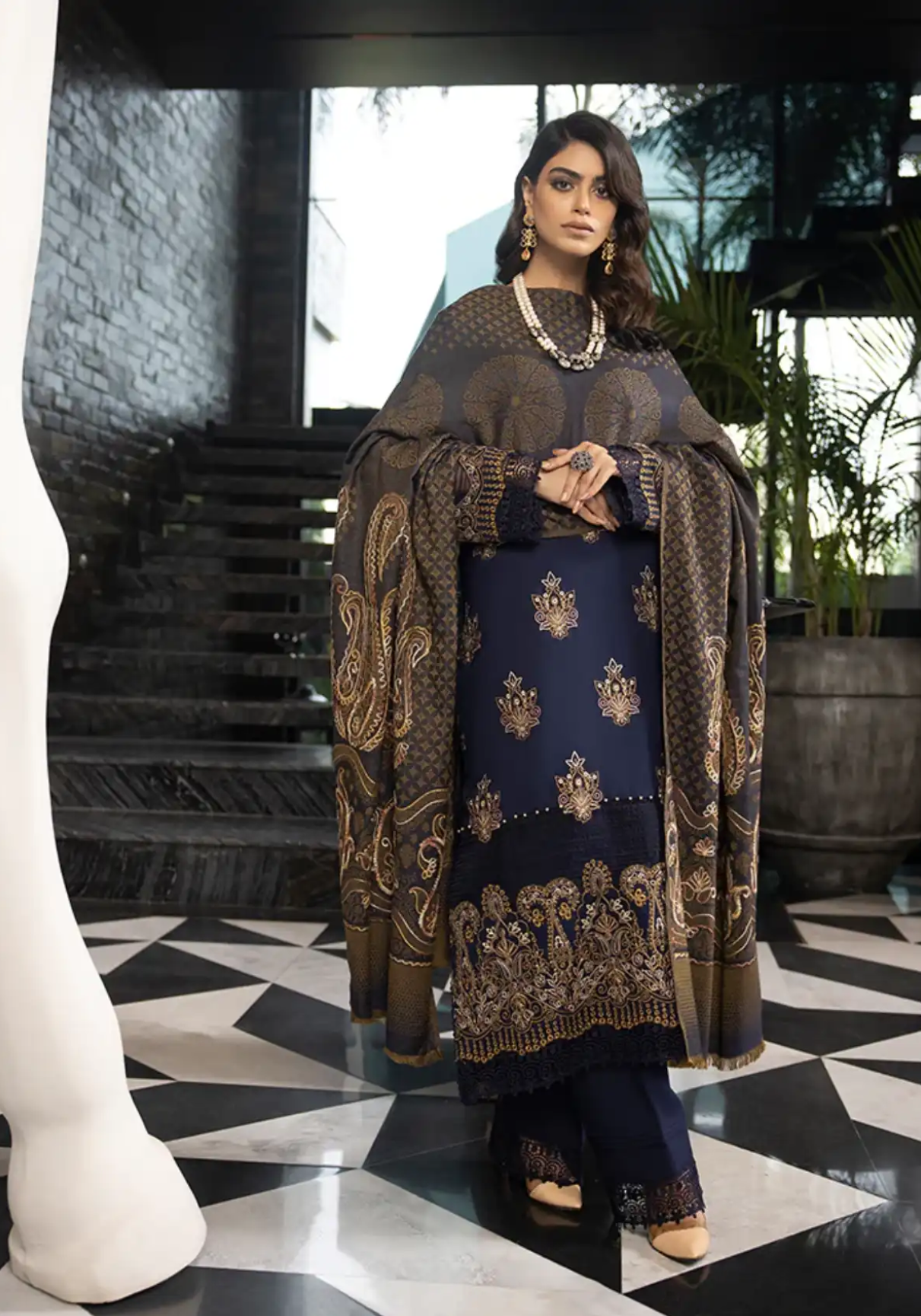 Zimal Hand Embroidered Jacquard Shawl HZ 03